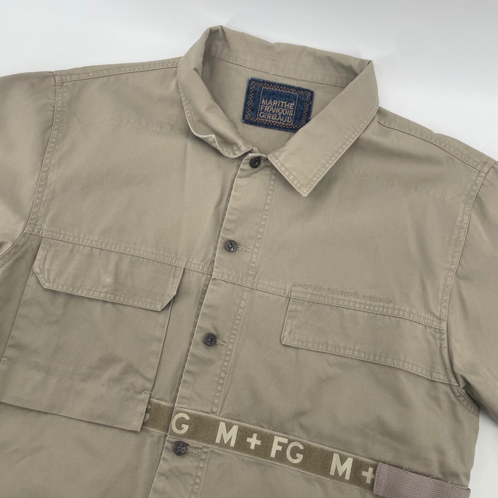 Marithe Francois Girbaud Shirt Mens Large Tan Utility Logo Strap Short Sleeve